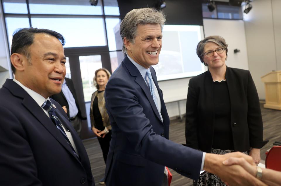 University of Utah impact scholar Tim Shriver, center, is greeted before speaking in the Beverly Taylor Sorenson Arts and Education Complex at the University of Utah in Salt Lake City on Wednesday, April 19, 2023. | Kristin Murphy, Deseret News