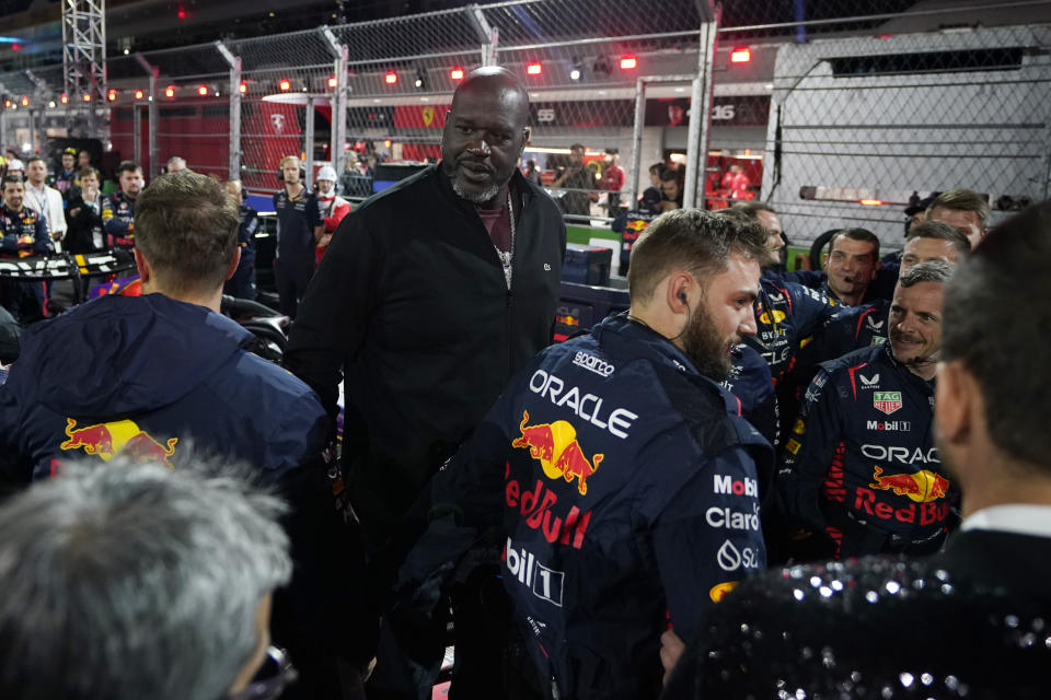 Shaquille O'Neal attends the Formula One Las Vegas Grand Prix auto race, Saturday, Nov. 18, 2023, in Las Vegas. (AP Photo/Darron Cummings)