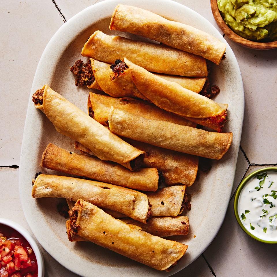 pickled jalapeno spiked ground beef and a blend of cheddar and pepper jack cheese rolled in a corn tortilla and baked or fried until crispy