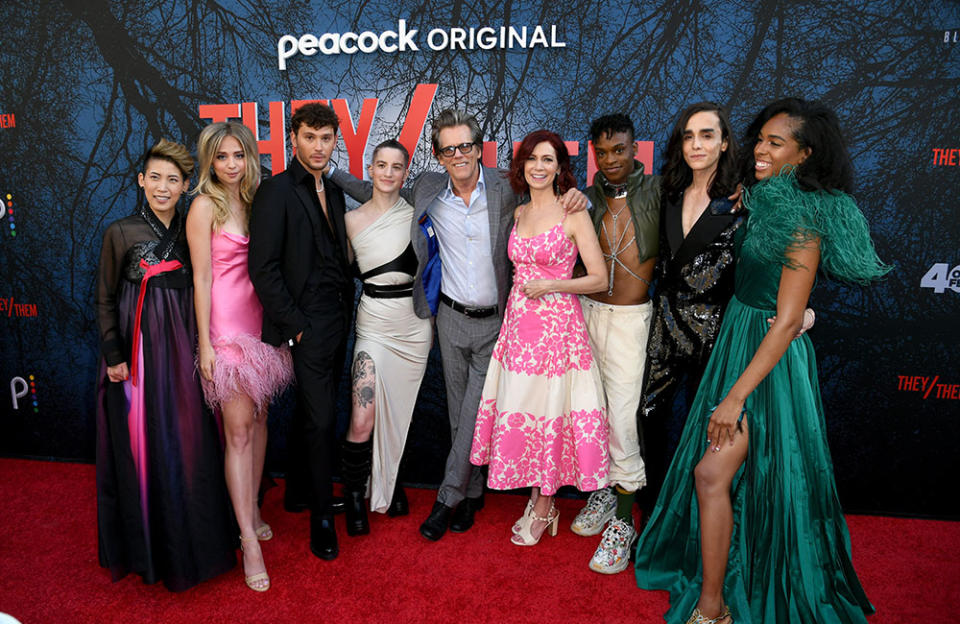 (L-R) Monique Kim, Anna Lore, Cooper Koch, Theo Germaine, Kevin Bacon, Carrie Preston, Austin Crute, Darwin Del Fabro, and Quei Tann attend the world premiere of “They/Them” during the 2022 Outfest Los Angeles LGBTQ+ Film Festival closing night at Ace Hotel on July 24, 2022 in Los Angeles, California.