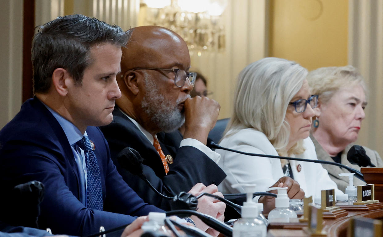 Rep. Adam Kinzinger, Chairman Bennie Thompson, Vice Chair Liz Cheney and Rep. Zoe Lofgren at a House select committee hearing on June 23