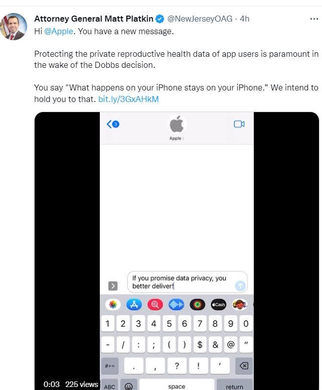 New Jersey Attorney General Matt Platkin's Twitter message about data privacy on iPhone apps for personal reproductive health information