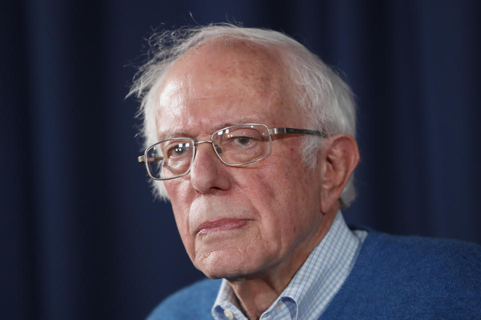 Democratic presidential candidate Sen. Bernie Sanders, I-Vt., pauses as he speaks during a news conference at his New Hampshire headquarters, Thursday, Feb. 6, 2020 in Manchester, N.H. (AP Photo/Pablo Martinez Monsivais)