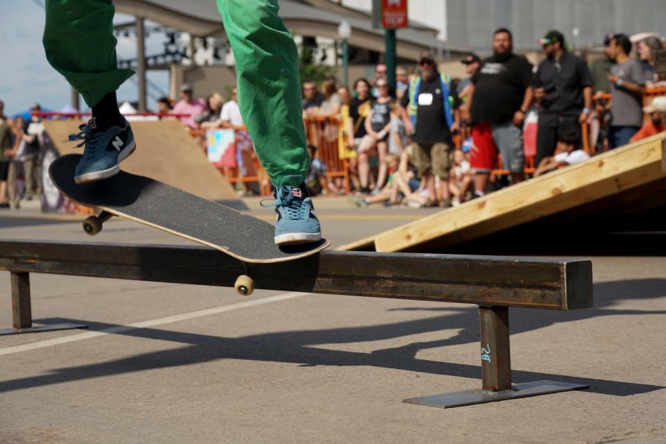 A participant in the Innoskate Trick Competition in downtown Sioux Falls on Saturday, July 9, 2022.