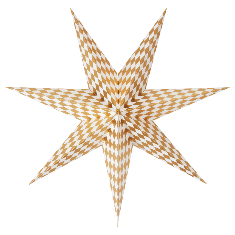 The gold-and-white, harlequin-patterned star lamps