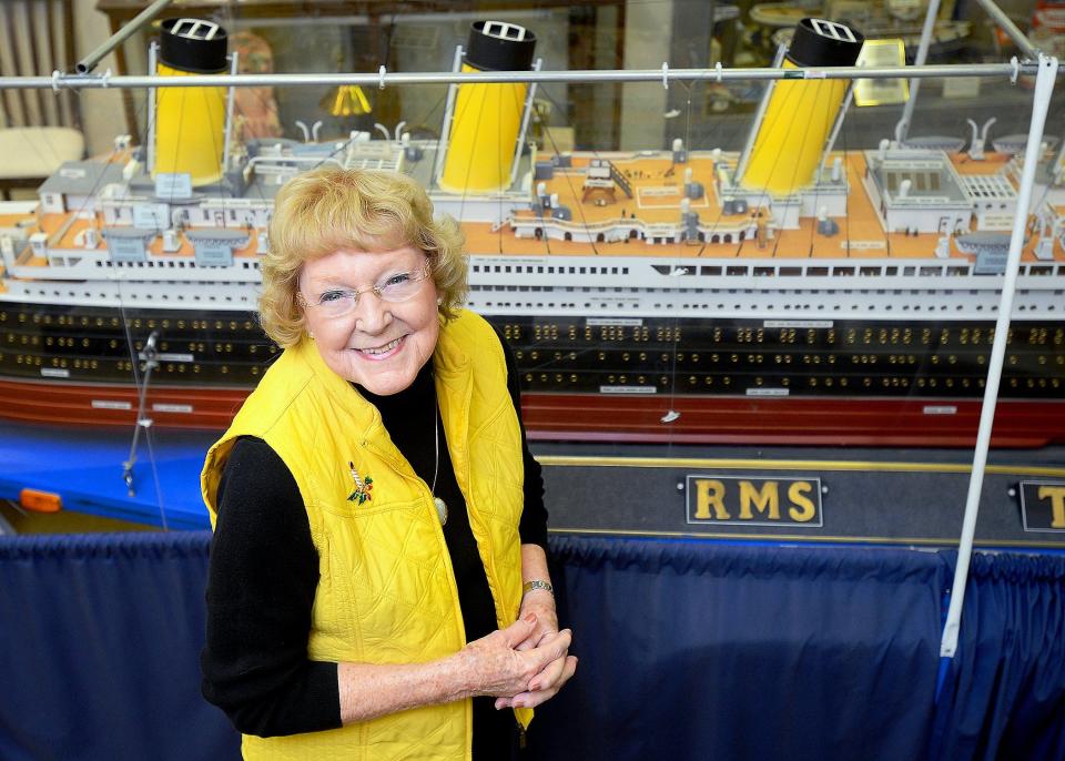 B. Marie Byers stands in front of a historical replica of the RMS Titanic ocean liner that sank on April 15, 1912, killing 1,517. Byers was a driving force in developing the Discovery Station in downtown Hagerstown.