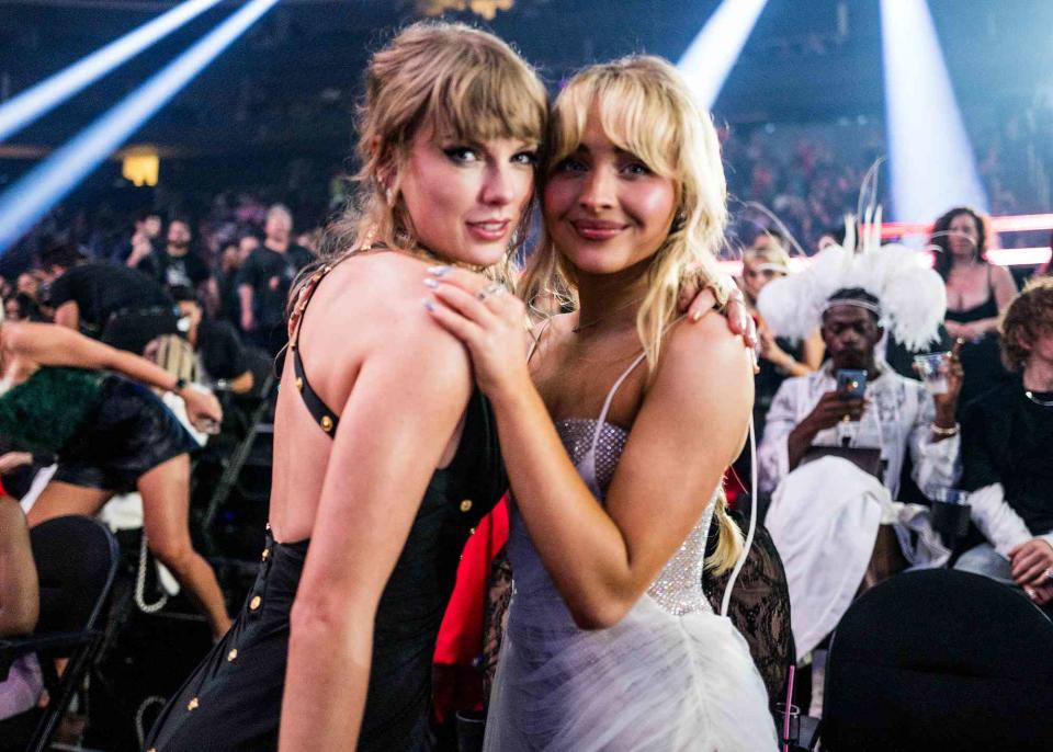 <p>John Shearer/Getty Images for MTV</p> Taylor Swift and Sabrina Carpenter at the 2023 VMAs.