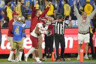 Fresno State wide receiver Erik Brooks (3) makes a touchdown catch next to UCLA defensive back Stephan Blaylock (4) during the second half of an NCAA college football game Sunday, Sept. 19, 2021, in Pasadena, Calif. (AP Photo/Marcio Jose Sanchez)