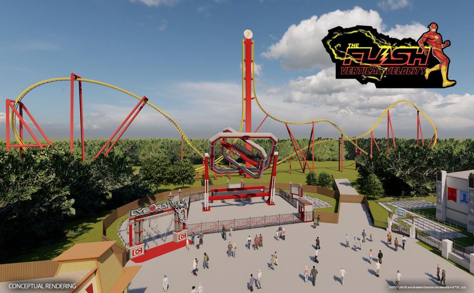 A conceptual rendering of Six Flags Great Adventure's new roller coaster, The Flash: Vertical Velocity, which is scheduled to open this season.