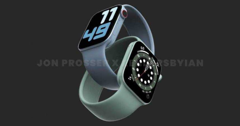 Apple Watch S7將採用扁平直角邊框，同時錶面也會加大。（圖／翻攝自FrontPageTech）