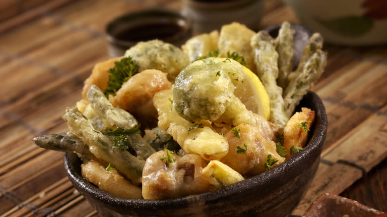 bowl of mixed tempura vegetables