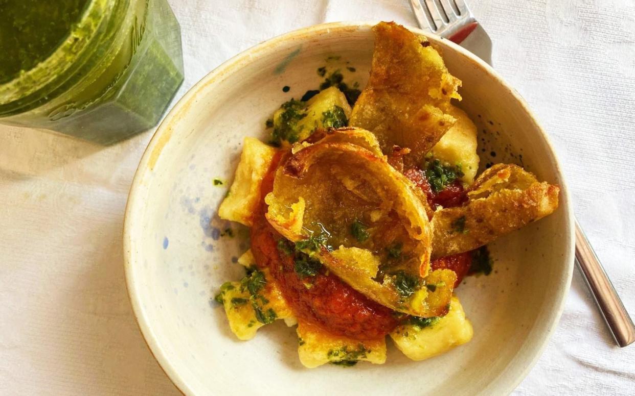 Gnocchi with spicy tomato sauce, garlic oil and crispy potato skins  - Eleanor Steafel