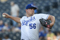 Kansas City Royals starting pitcher Brad Keller (56) throws to a Detroit Tigers batter during the first inning of a baseball game in Kansas City, Mo., Monday, June 14, 2021. (AP Photo/Reed Hoffmann)