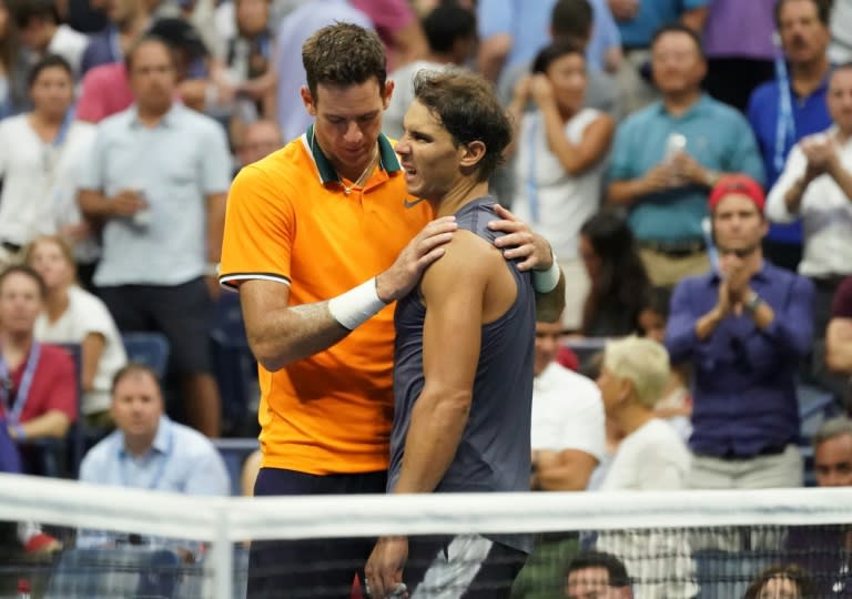 Gentle giant: Juan Martin del Potro consoles Rafael Nadal after the Spaniard retires from their US Open semi-final