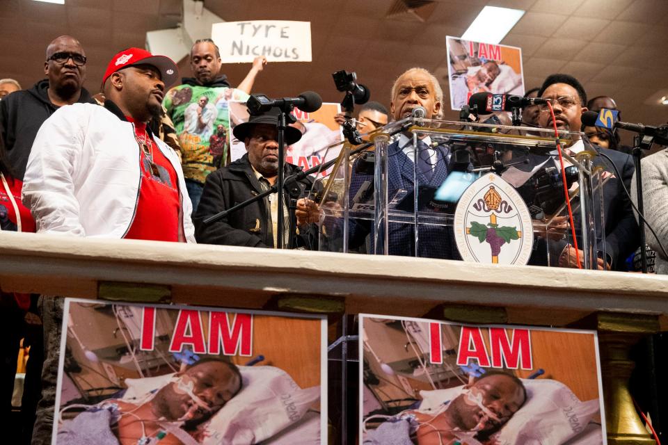 The Rev. Al Sharpton speaks while surrounded by the family of Tyre Nichols and activists during a press conference at the Historic Mason Temple on Tuesday, January 31, 2023.