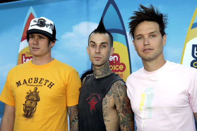 Tom DeLonge, Travis Barker and Mark Hoppus of Blink-182, pictured in 2004, have a new album coming out and will be going on a world tour in 2023. (Photo: KMazur via Getty Images)