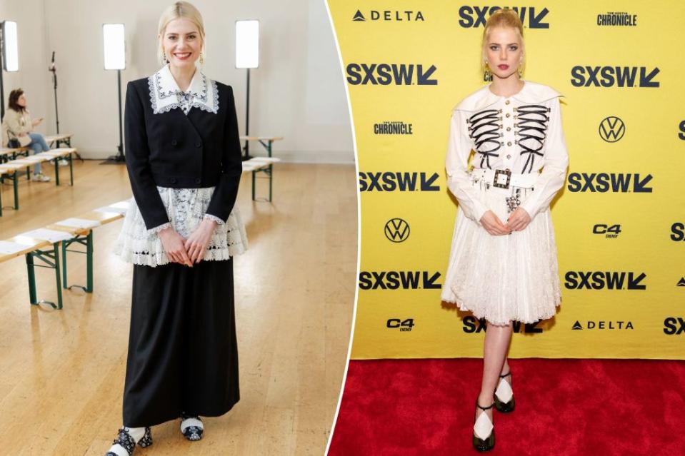 From left: Lucy Boynton shows off Bora Aksu at London fashion week and sports Chopova Lovena while promoting “The Greatest Hits” at South by Southwest. Images: Getty