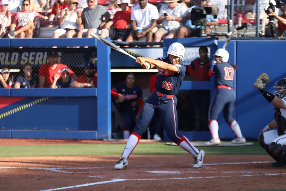 Arizona softball's Carlie Scupin swings at a pitch. Alabama softball defeated the Arizona Wildcats 5-1 at the Women's College World Series in Oklahoma City on Thursday, June 3, 2021.