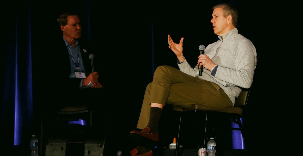 Former president Obama’s US Secretary of Education and founder of Chicago CRED, Arne Duncan, right, speaks about his experiences in the field of gun violence intervention during the Memphis Allies conference, which is a part of Youth Villages on Tuesday, March 26, 2024 at the Hilton Hotel location at 939 Ridge Lake Boulevard in Memphis, Tenn.