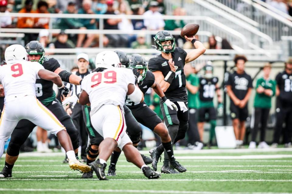 Cal Poly Mustangs quarterback Sam Huard (7) throws a first-half pass. The Cal Poly football team beat Lincoln 41-20 at home on Sept. 16, 2023. @Owen Main