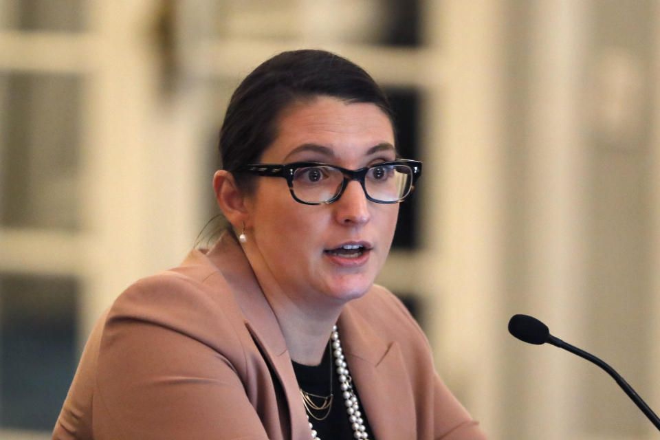 U.S. Soccer chief legal officer Lydia Wahlke attends a meeting of the organization's board of directors Friday, Dec. 6, 2019, in Chicago. (AP Photo/Charles Rex Arbogast)