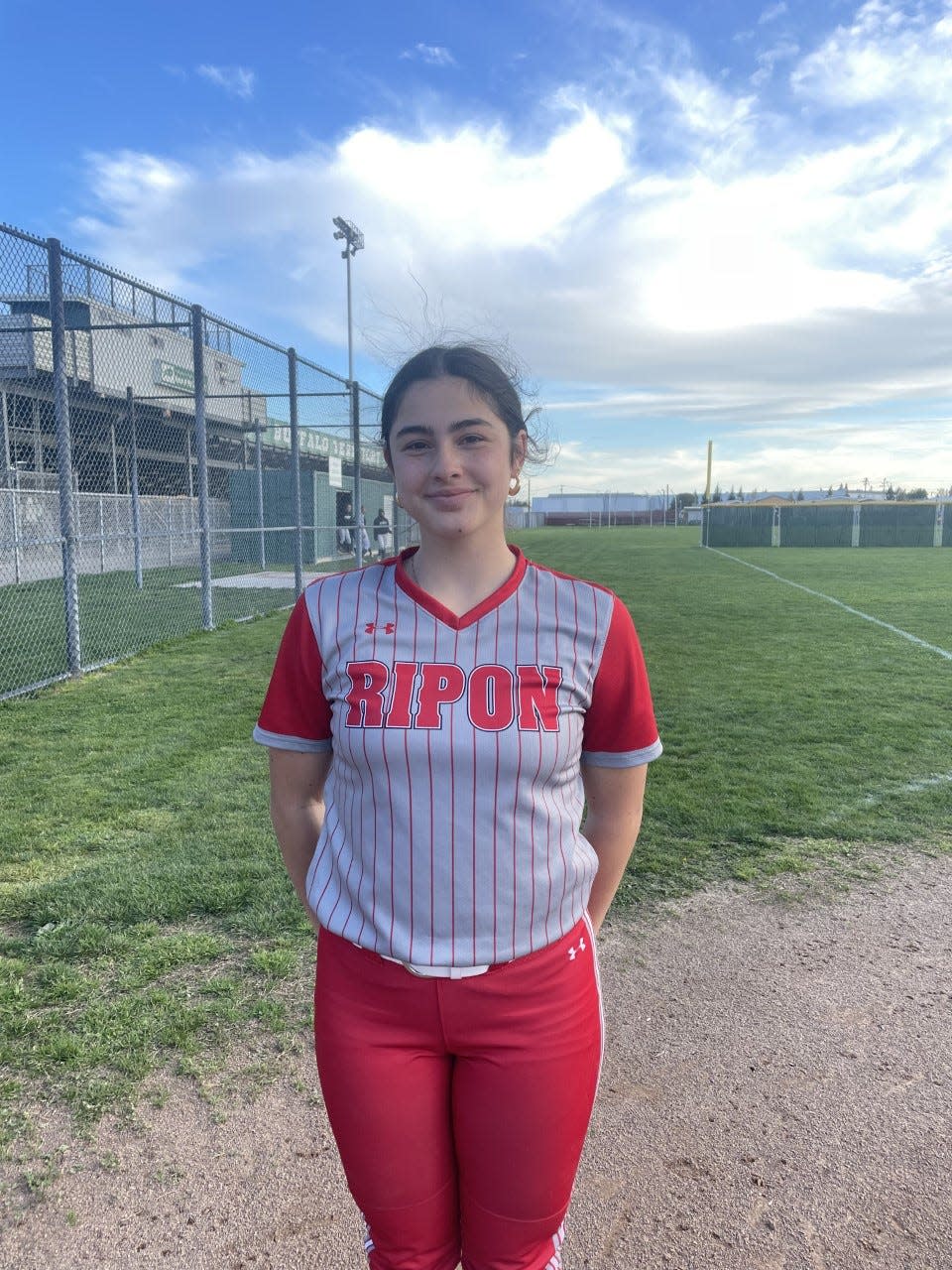 Alana Hernandez of Ripon softball posses for a photo after Monday's game against Manteca at Manteca High School.