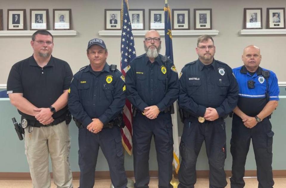 Mark Oakley, on the left, continues to work for the town of Littleton’s police after being fired in March from the Warrenton Police Department.