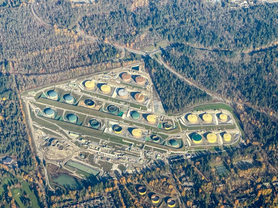 Aerial photo of the Trans Mountain Tank Farm on Burnaby Mountain