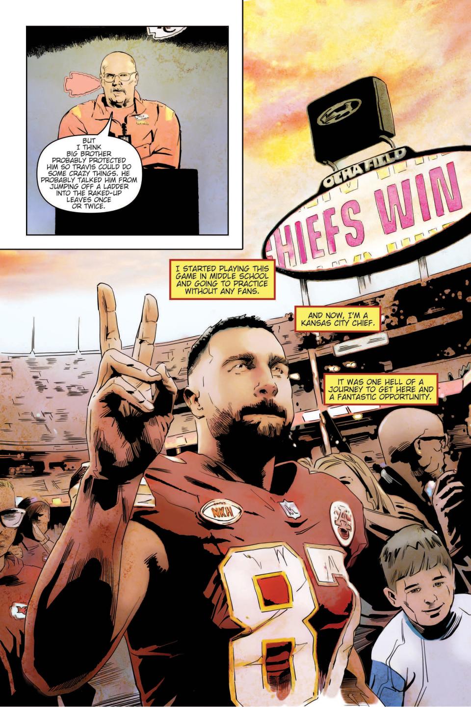A page from "Fame: Travis Kelce," the latest comic book from TidalWave Productions, a comic book and graphic novel publisher. "Fame: Travis Kelce" is available for $7.99.