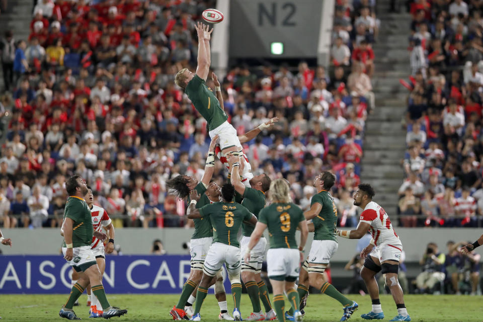 South Africa's Pieter-Steph du Toit grabs the ball during a line out against Japan for a rugby match at Kumagaya Rugby Stadium Friday, Sept. 6, 2019, in Saitama, Japan. (AP Photo/Shuji Kajiyama)