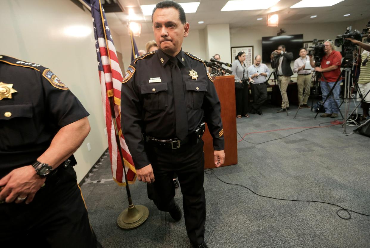 FILE - In this June 8, 2017, file photo, Harris County Sheriff Ed Gonzalez leaves a news conference, in Houston. President Joe Biden has nominated Gonzalez, a sheriff of one of the nation's most populous counties, to lead the agency that deports people in the country illegally. Gonzalez is Biden's pick for director of U.S. Immigration and Customs Enforcement, an agency that has been without a Senate-confirmed leader since 2017. (Elizabeth Conley/Houston Chronicle via AP, File) (AP)