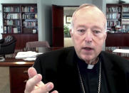 In this photo taken from video, Bishop Robert McElroy of San Diego, opposes the drafting of a formal statement on the meaning of the Eucharist in the life of the church during the U.S. Conference of Catholic Bishops' virtual assembly on Thursday, June 17, 2021 in Washington. McElroy felt the bishops' conference would suffer "destructive consequences" if the document targeted Catholic politicians. (United States Conference of Catholic Bishops via AP)