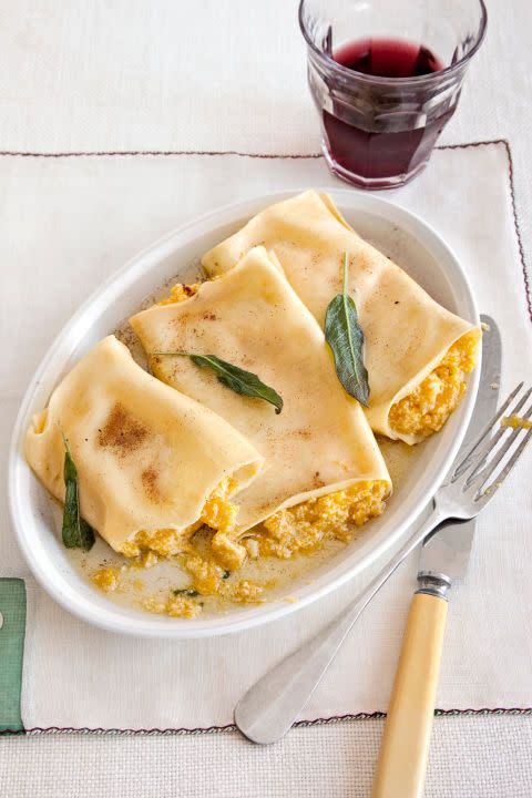 <p>This simple stuffed-pasta dish is a whole new—and easy—way to use lasagna noodles!</p><p><strong><a href="https://www.countryliving.com/food-drinks/recipes/a2995/pumpkin-cannelloni-sage-brown-butter-sauce-recipe/" rel="nofollow noopener" target="_blank" data-ylk="slk:Get the recipe;elm:context_link;itc:0;sec:content-canvas" class="link ">Get the recipe</a>.</strong> </p>