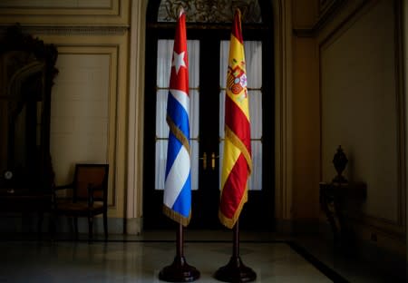 A Spanish and Cuban flag are displayed prior to the arrival of Spanish Foreign Minister Josep Borrell and his Cuban counterpart Bruno Rodriguez, in Havana