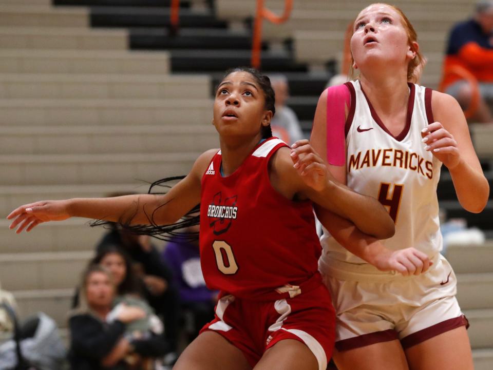 Lafayette Jeff Bronchos forward Da'Niyah Johnson (0) boxes out McCutcheon Mavericks forward Marley Dale (4) during the IU Health Hoops Classic girl’s basketball seventh place game, Saturday, Nov. 18, 2023, at Harrison High School in West Lafayette, Ind. McCutcheon Mavericks won 62-32.