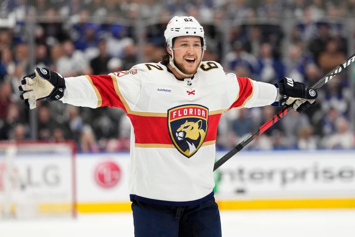 Florida Panthers' Brandon Montour (62) and his teammates are just one win away from winning the Stanley Cup. With a win Thursday night, they took a 3-0 lead over the Edmonton Oilers in the Stanley Cup final. (Frank Gunn/Canadian Press - image credit)