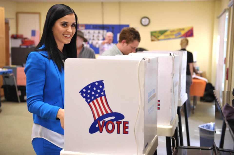 Singer Katy Perry casts her election ballot at a polling place in Los Angeles on Tuesday Nov. 6, 2012. (Photo by John Shearer/Invision/AP)