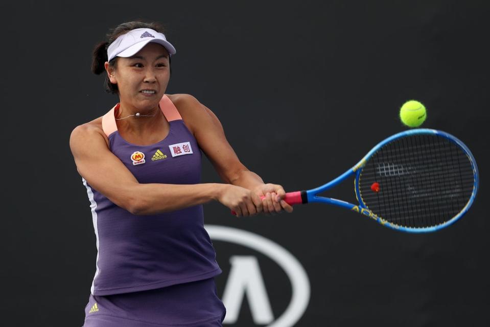 Shuai Peng of China plays a backhand during her Women's Doubles first round match with partner Shuai Zhang of China against Veronika Kudermetova of Russia (Getty Images)