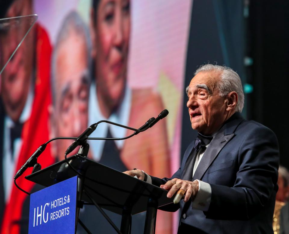 "Killers of the Flower Moon" Director Martin Scorsese gives an acceptance speech on behalf of him and his cast for the Vanguard Award during the Palm Springs International Film Awards in Palm Springs, Calif., Thursday, Jan. 4, 2024.