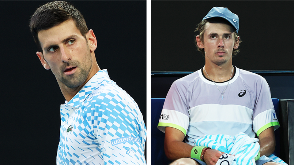 Novak Djokovic (pictured left) looking on during a match and (pictured right) Alex de Minaur frustrated on the change of ends.