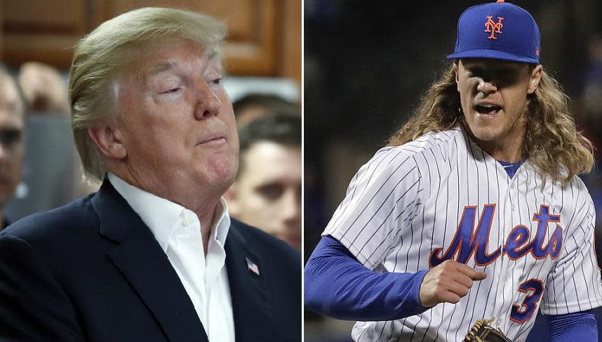 New York Mets pitcher Noah Syndergaard (right) mocked President Donald Trump for his out-of-left ‘Person of the Year’ tweet. (AP photos)