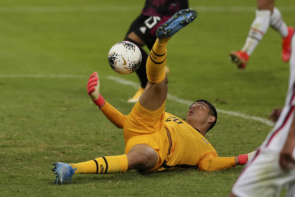 United States goalkeeper David Ochoa catches the ball during a Concacaf Men's Olympic Qualifying championship soccer match against Mexico, in Guadalajara, Mexico, Wednesday, March 24, 2021. (AP Photo/Fernando Llano)