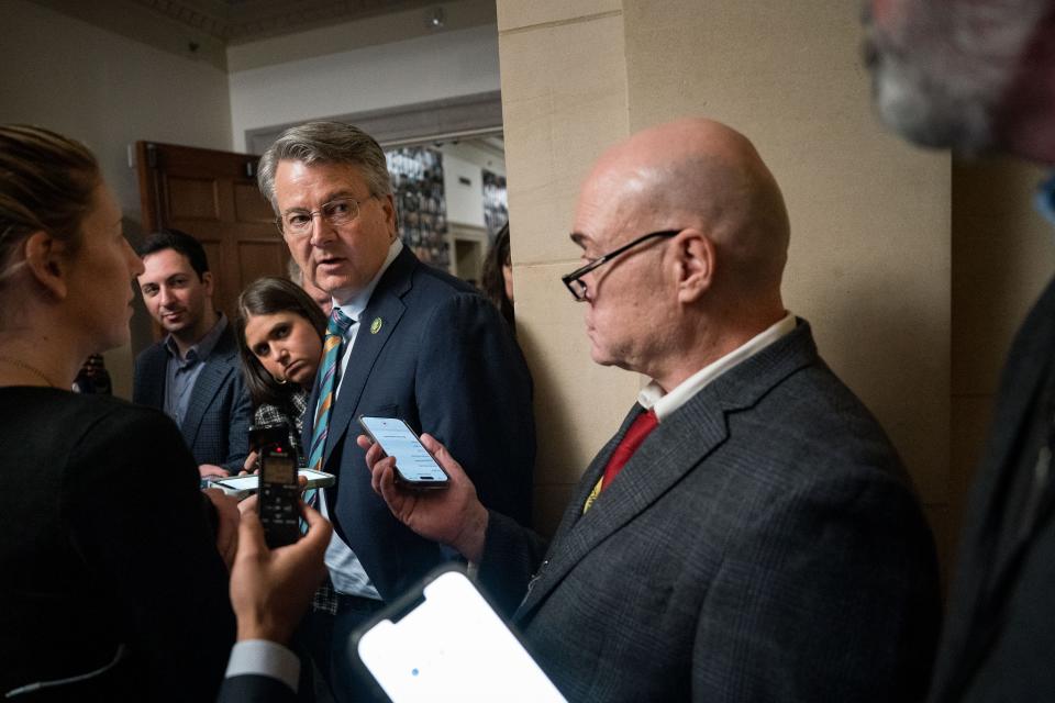 Rep. John Duarte (R-CA) speaks with members of the press as House lawmakers seek to elect a new speaker in Washington on Oct. 24, 2023.