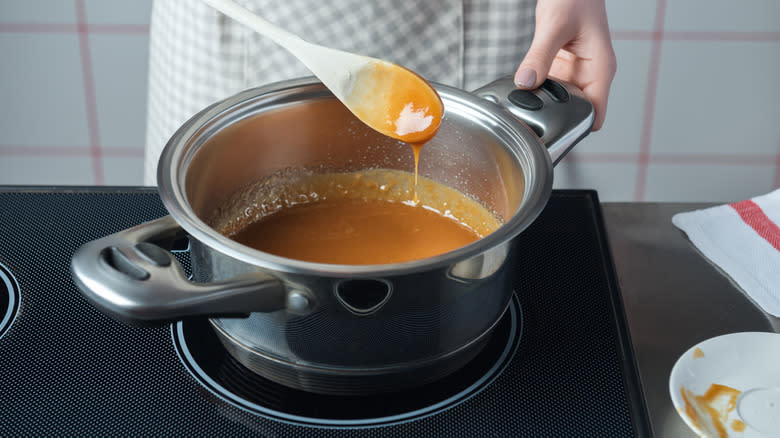 Stovetop caramel sauce in a pot