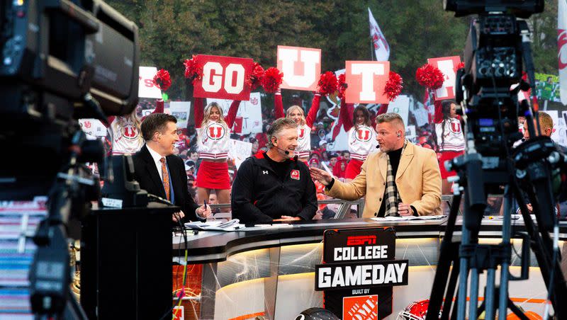 Left to right, Rece Davis, Utah’s head coach Kyle Whittingham, and Pat McAfee talk during the filming of ESPN’s “College GameDay” show at the University of Utah in Salt Lake City on Saturday, Oct. 28, 2023.