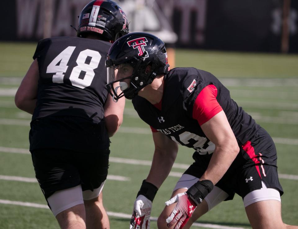 Texas Tech's John Curry does a drill at a spring football practice, Thursday, March 21, 2024, at Sports Performance Center.