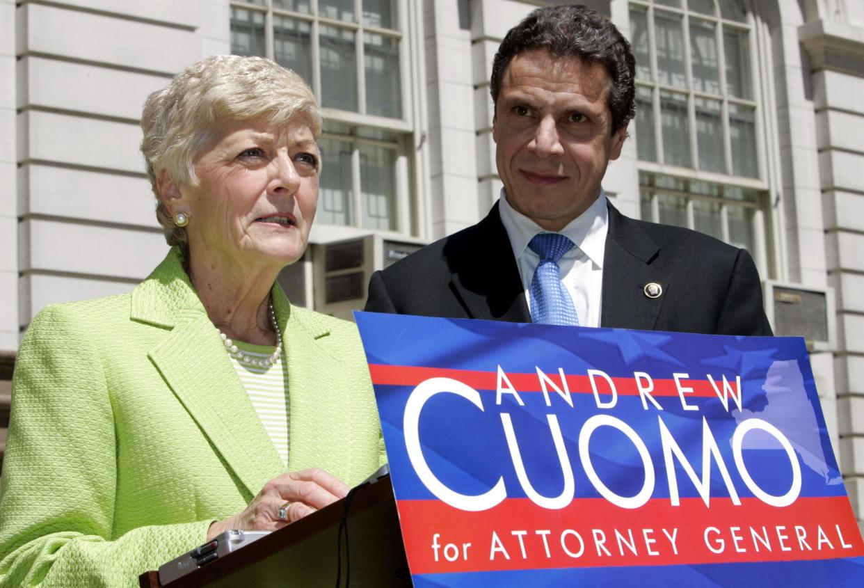 Former congresswoman Geraldine Ferraro, left, speaks during a news conference as Andrew Cuomo, right looks on at City Hall Thursday May 4, 2006 in New York. Ferraro endorsed Cuomo in his run for New York State's Attorney General.