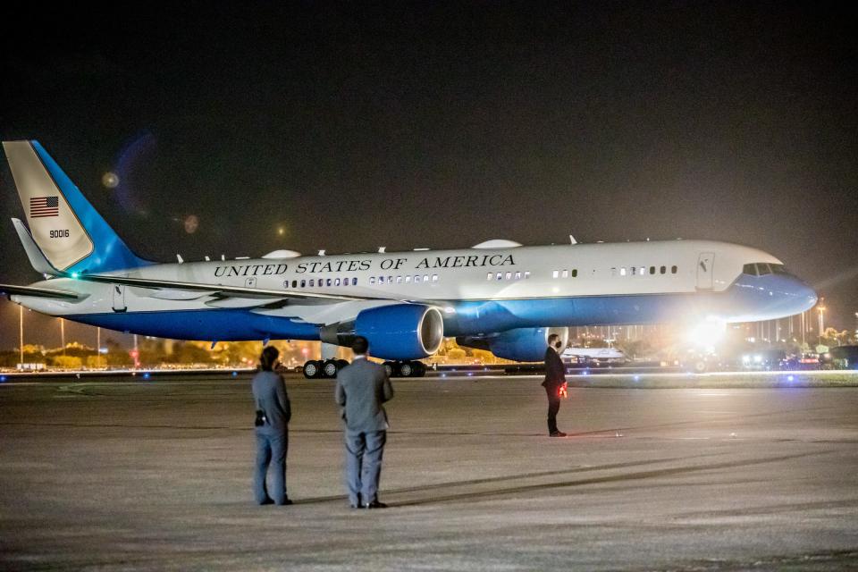 President Donald Trump arrives on Air Force One at Palm Beach International Airport in West Palm Beach, Florida on October 22, 2020.   [RICHARD GRAULICH/palmbeachpost.com]