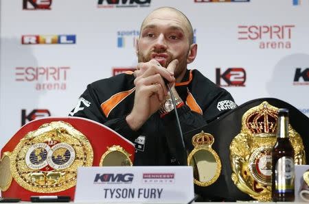 Boxing - Wladimir Klitschko v Tyson Fury WBA, IBF & WBO Heavyweight Title's - Esprit Arena, Dusseldorf, Germany - 28/11/15, Tyson Fury during a press conference after the fight. Action Images via Reuters / Lee Smith