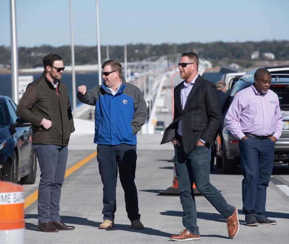 State Rep. Alexander Andrade, Escambia County Commissioner Robert Bender, and Santa Rosa County Commissioner Colten Wright tour the new westbound span of the General Daniel "Chappie" James Jr. Bridge over Pensacola Bay on Friday, Feb. 3, 2023. The westbound bridge span is scheduled to open to traffic on or around Feb. 13, 2023.